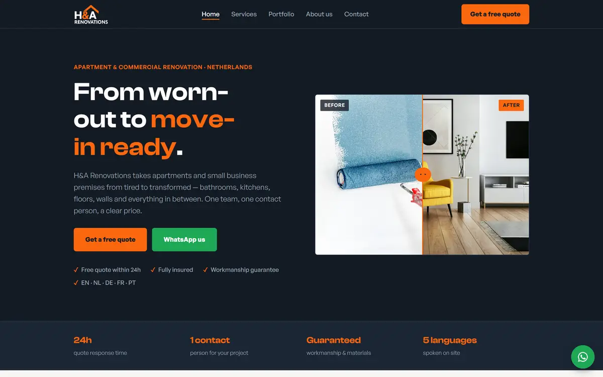 Strona główna H&A Renovations — ciemne hero z suwakiem przed i po remoncie