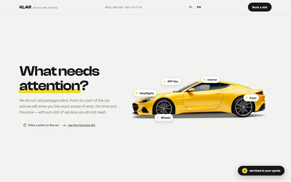 KLAR on WordPress, English version — light hero with a yellow car and clickable hotspots