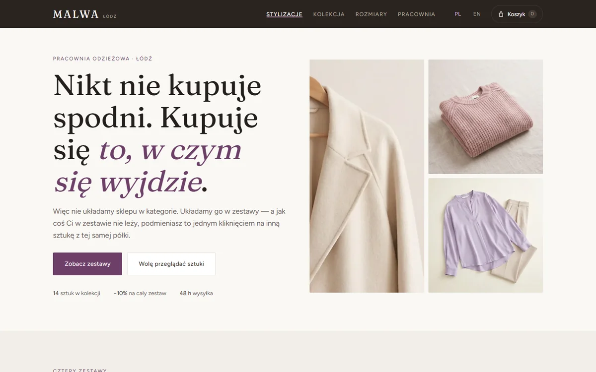 Strona główna Malwa — kremowe hero z hasłem o kupowaniu całych stylizacji i zdjęciami ubrań