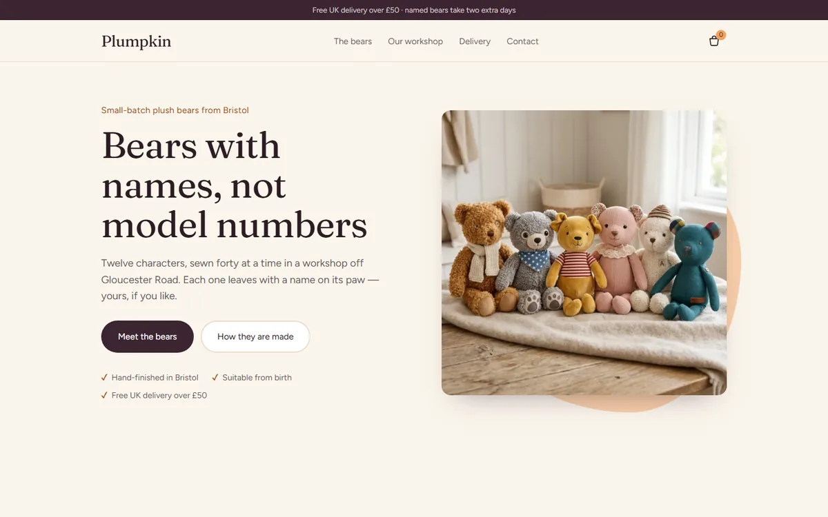 Plumpkin homepage — light hero reading “Bears with names, not model numbers” with an image of plush bears on a bench